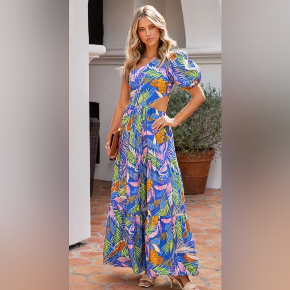 Flying Tomato One Shoulder Blue Tropical Dress
